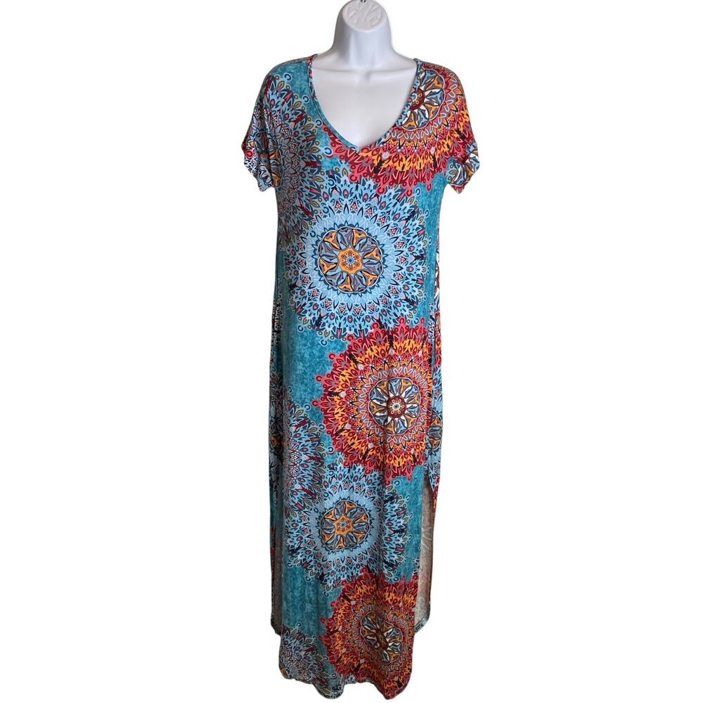 Women's Blue Mandala Print Maxi Dress Size XS Side Slit Boho Art‎ To Wear Hippie